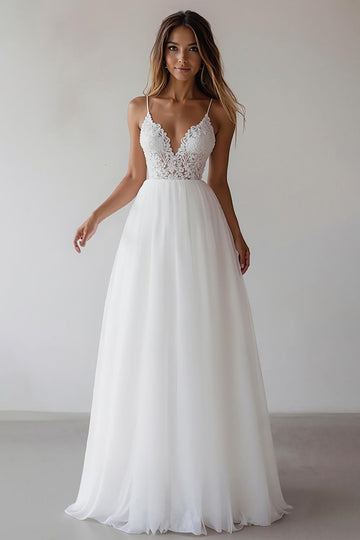 Dentelle Une Ligne Col V Longue Robe De Mariée Blanche